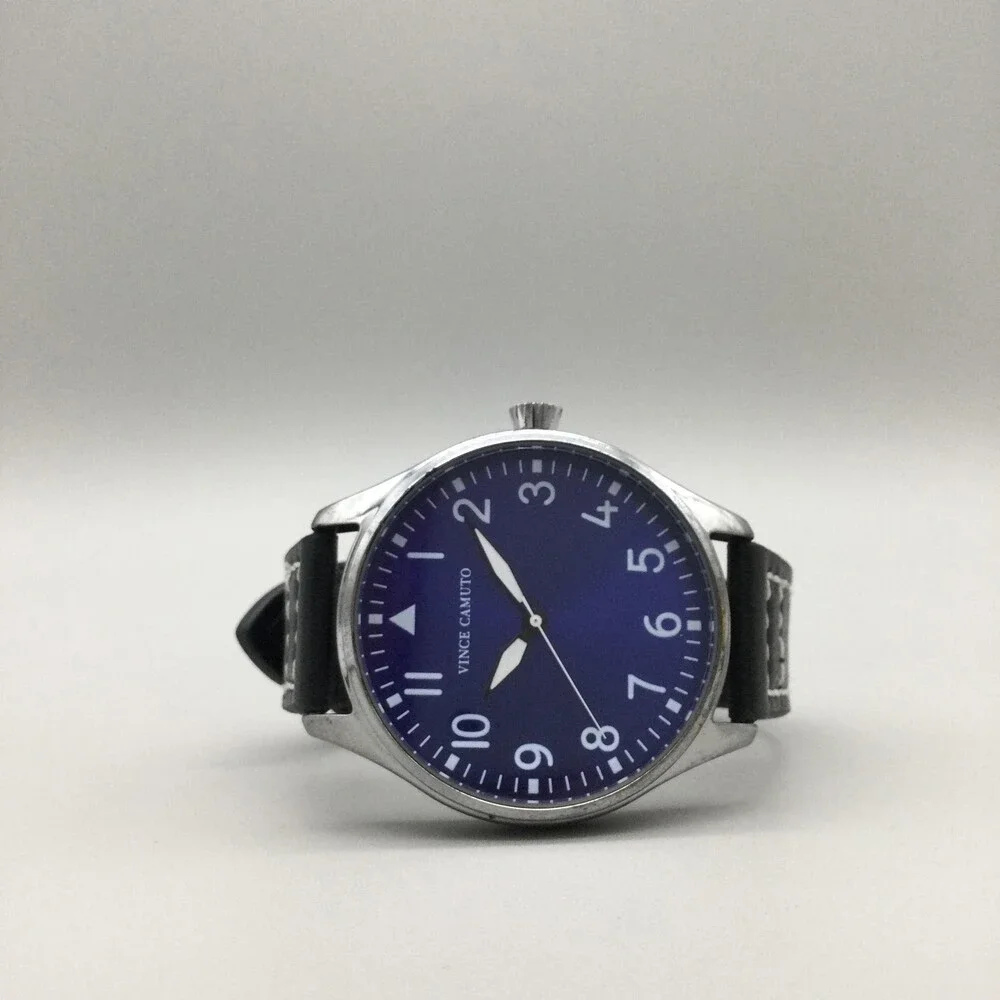 Vince Camuto Mens Watch 42mm Blue Dial Black Leather Stainless New Battery